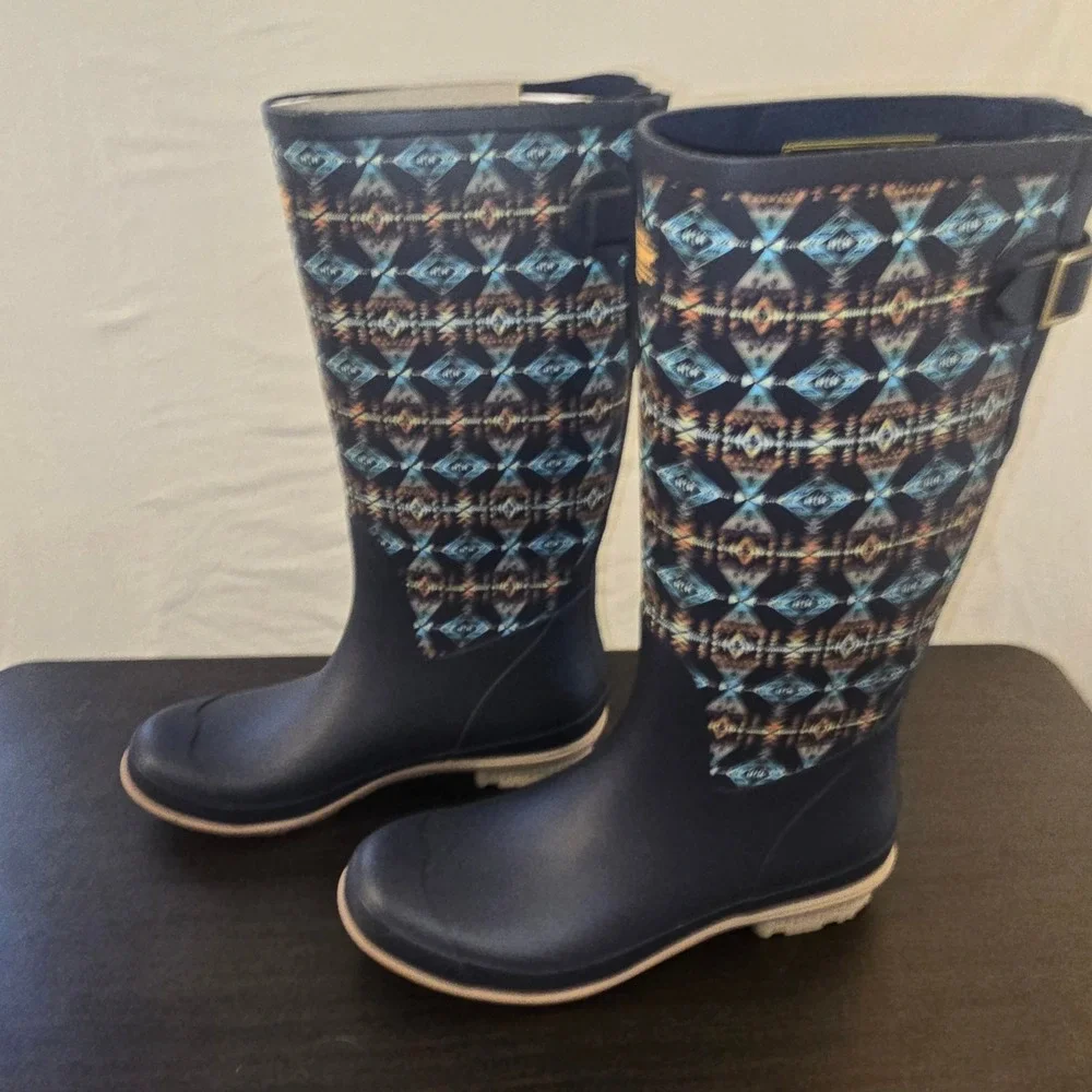 Pendleton Rain Boots Size 11 Womens Navy Blue Geometric Tall Waterproof Rubber